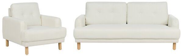 Sedacia súprava krémová biela látkové čalúnenie 3-miestna pohovka kreslo drevené nohy minimalistický retro štýl obývacia izba