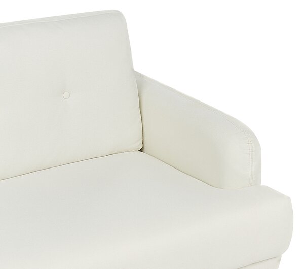 Sedacia súprava krémová biela látkové čalúnenie 3-miestna pohovka kreslo drevené nohy minimalistický retro štýl obývacia izba