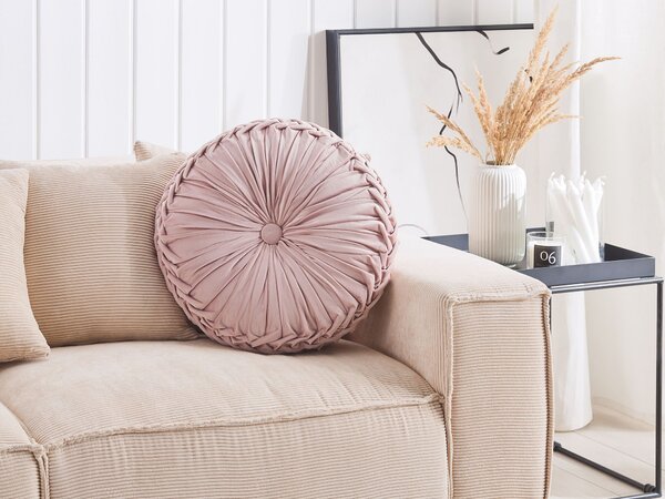 Dekoratívny vankúš ružový látkový s riasením okrúhly 40 cm minimalistický moderný dekoračný doplnok