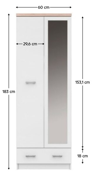 KONDELA Skriňa so zrkadlom 2D1S/60, biela/dub sonoma, TOPTY TYP 37