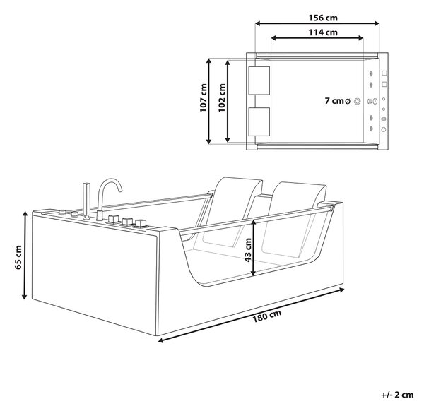 Vírivá vaňa biela akrylát bezpečnostné sklo 180 x 120 cm s LED osvetlením priehľadná predná časť opierky hlavy pre 2 osoby moderný štýl