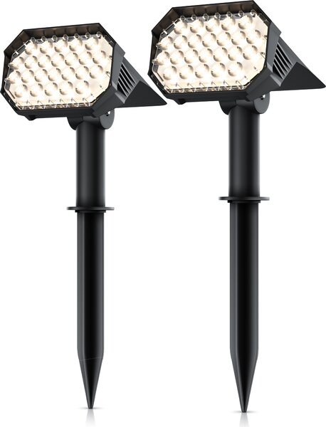 Sada 2 LED solárnych reflektorov Brandson s možnosťou upevnenia do zeme pomocou hrotu alebo na stenu, solárne svietidlo, reflektor pre záhradu, teplá biela farba (3000 K), 2 úrovne jasu, batéria 1800 mAh, 2 kusy