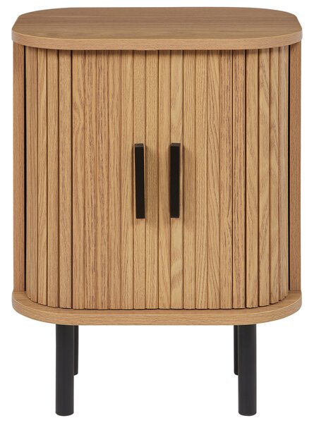 Nočný stolík svetlé drevo čierne nohy MDF kov 40 x 30 cm retro štýl posuvné dvierka obývacia izba