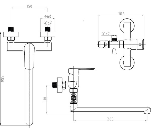 Mereo, Mereo Nástenná batéria do byt. jadra, Pego, 150 mm, s plochým ramienkom 300 mm, bez príslušenstva, MER-CB60204P