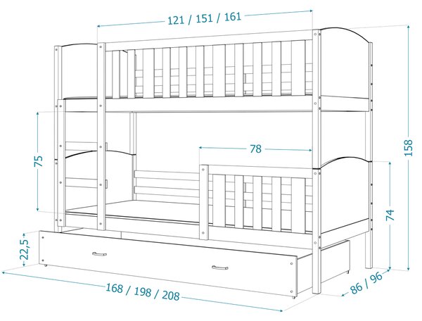 Detská poschodová posteľ so zásuvkou TAMI Q - 160x80 cm - biela