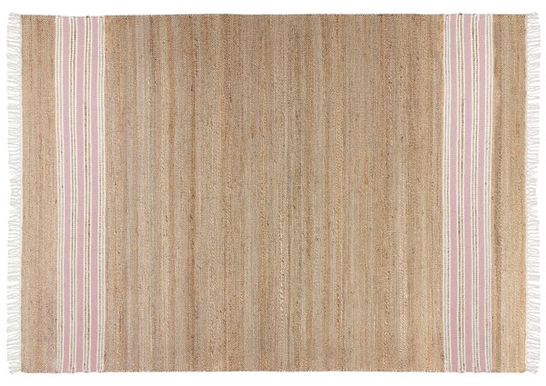 Koberec béžová a ružová juta 160 x 230 cm pásikavý vzor so strapcami obdĺžnikový tvar ručne tkaný boho štýl obývačka spálňa