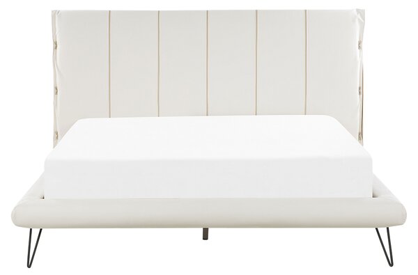 Posteľ svetlobéžová umelá koža 160 x 200 cm prešívané čelo postele tenké čierne nohy moderný dizajn