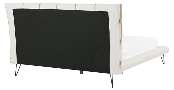 Posteľ svetlobéžová umelá koža 160 x 200 cm prešívané čelo postele tenké čierne nohy moderný dizajn