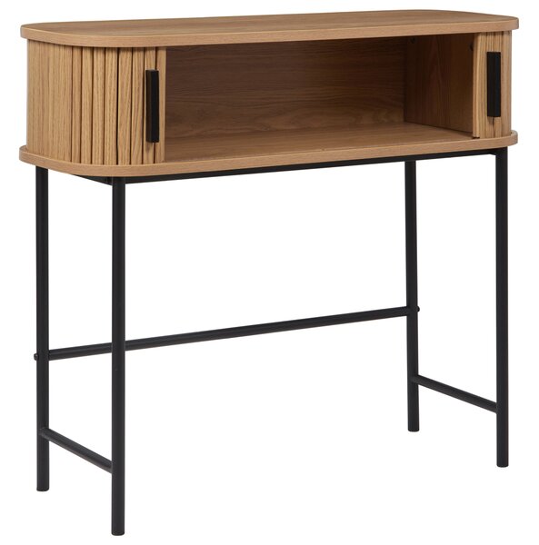 Konzolový stolík svetlé drevo čierne nohy MDF kov 80 x 30 cm retro štýl posuvné dvierka obývacia izba