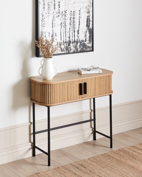 Konzolový stolík svetlé drevo čierne nohy MDF kov 80 x 30 cm retro štýl posuvné dvierka obývacia izba