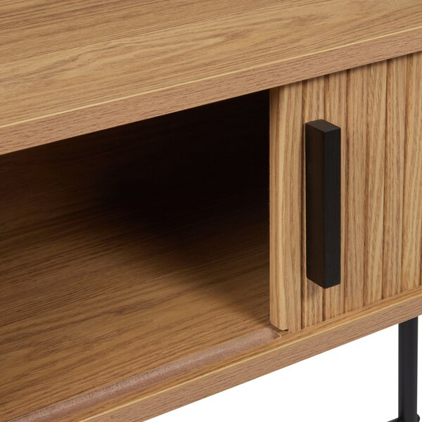 Konzolový stolík svetlé drevo čierne nohy MDF kov 80 x 30 cm retro štýl posuvné dvierka obývacia izba