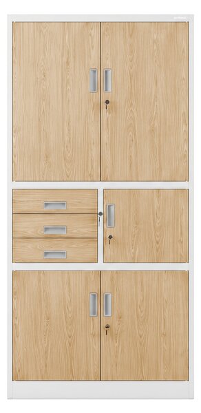 Kovová kancelárska skriňa so sejfom biela, dub sonoma, 900x1850x400 mm: FILIP II Eco Design