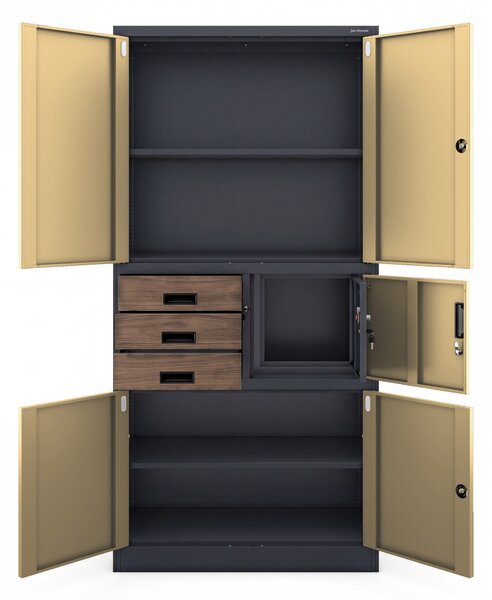 Kovová kancelárska skriňa so sejfom antracitová, orech, 900x1850x400 mm: FILIP II Eco Design