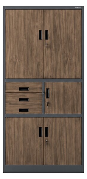 Kovová kancelárska skriňa so sejfom antracitová, orech, 900x1850x400 mm: FILIP II Eco Design