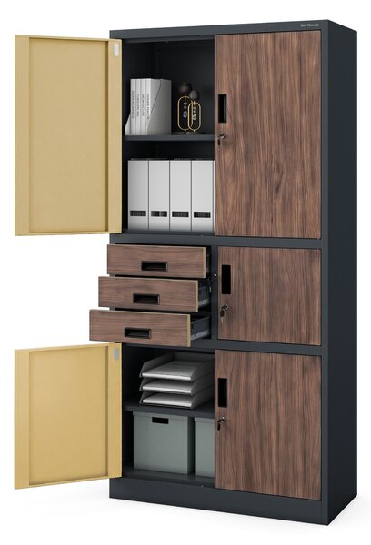 Kovová kancelárska skriňa so sejfom antracitová, orech, 900x1850x400 mm: FILIP II Eco Design