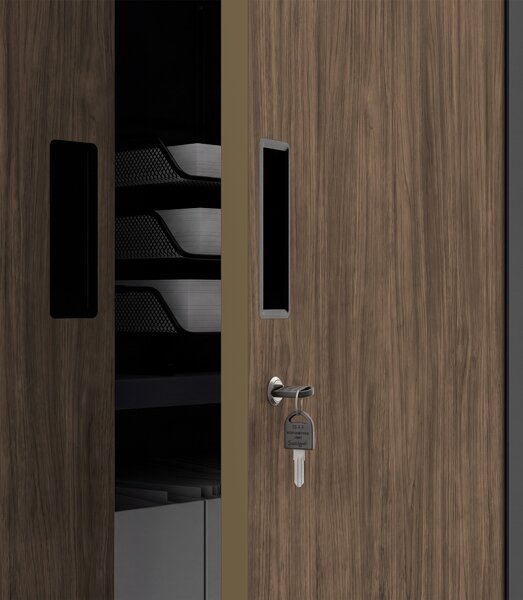 Kovová kancelárska skriňa so sejfom antracitová, orech, 900x1850x400 mm: FILIP II Eco Design