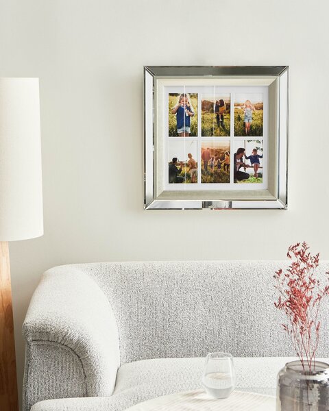 Fotorámik strieborný sklenený zrkadlový 50 x 50 cm na 6 fotografií 10 x 15 cm dekorácie doplnky