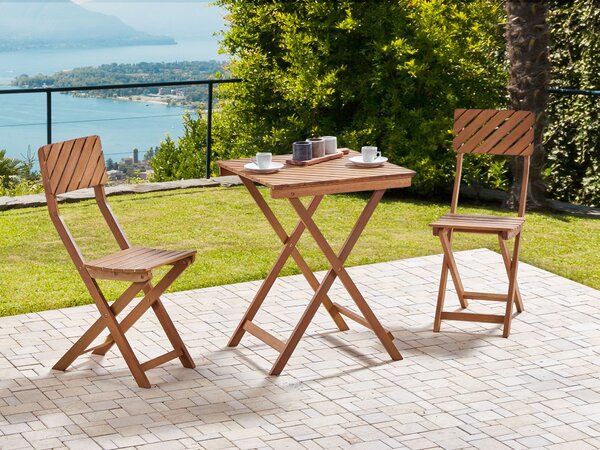 3-dielna bistro sada nábytku na balkón tmavé eukalyptové drevo stolík 2 stoličky skladací lamelový dizajn