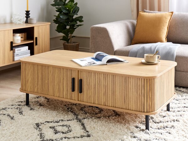 Konferenčný stolík svetlé drevo čierne nohy MDF kov 120 x 60 retro štýl posuvné dvierka úložný priestor obývacia izba