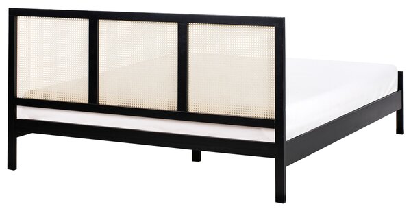 Posteľ čierna borovicové drevo 180 x 200 cm s čelom s viedenským výpletom lamelový rošt minimalistický rustikálny štýl spálňa