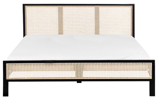 Posteľ čierna borovicové drevo 180 x 200 cm s čelom s viedenským výpletom lamelový rošt minimalistický rustikálny štýl spálňa