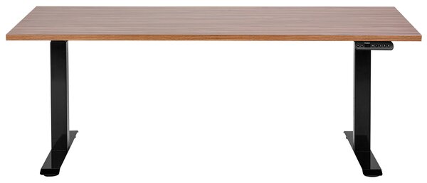 Výškovo nastaviteľný písací stôl tmavé drevo čierny oceľový rám 160 x 72 cm elektrické nastavenie výšky moderná kancelária
