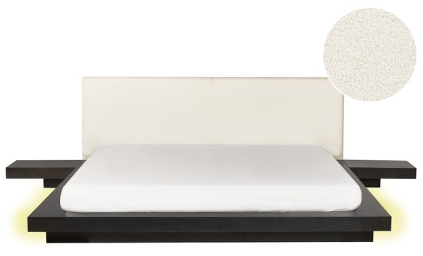 Posteľ v japonskom štýle tmavý jaseň 180 x 200 cm nízky drevený rám postele z MDF buklé čelo nočné stolíky LED osvetlenie