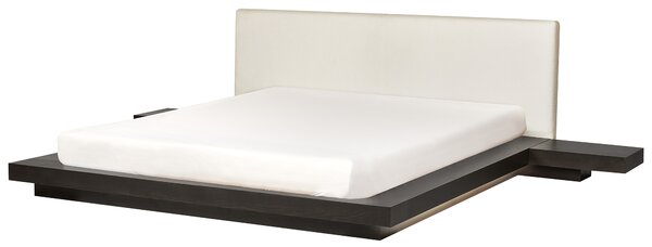 Posteľ v japonskom štýle tmavý jaseň 180 x 200 cm nízky drevený rám postele z MDF buklé čelo nočné stolíky LED osvetlenie