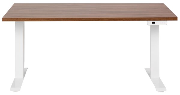 Výškovo nastaviteľný písací stôl tmavé drevo biely oceľový rám 160 x 72 cm elektrické nastavenie výšky moderná kancelária