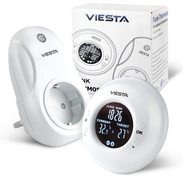 VIESTA® TH20 Bezdrôtový zásuvkový termostat (230V/3600W) – Digitálny, s diaľkovým ovládaním, týždenný program, časovač a ochrana proti mrazu
