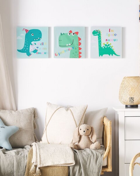 Sada 3 obrazov na plátne viacfarebná nylon MDF 30 x 30 cm štvorcový tvar motív dinosaurov moderný štýl detská izba