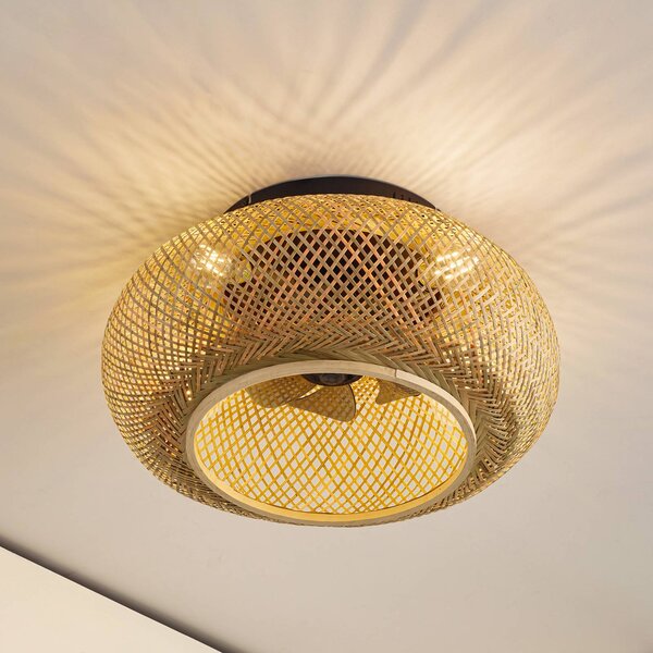 Lucande Stropný ventilátor s osvetlením Cordie, DC, tichý, Ø 53 cm, Svetlé drevo, Obývacia izba / jedáleň, Bambus, Vidiecky / Rustikálny, Závesné svietidlo