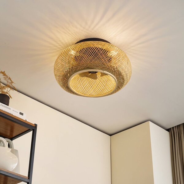 Lucande Stropný ventilátor s osvetlením Cordie, DC, tichý, Ø 53 cm, Svetlé drevo, Obývacia izba / jedáleň, Bambus, Vidiecky / Rustikálny, Závesné svietidlo