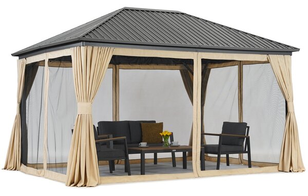 Sardínia 3x4 kovový altánok so závesmi a moskytiérou Garden Point béžová