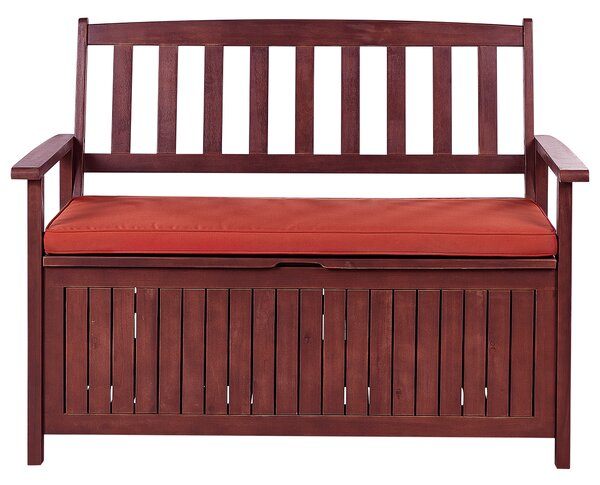 Záhradná lavička s úložným priestorom mahagónová hnedá akáciové drevo červený vankúš 120 x 60 cm pre 2 osoby rustikálny štýl záhrada