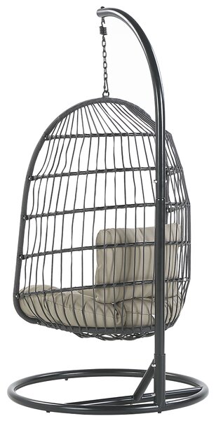 Závesné kreslo s kovovým stojanom čierne s výpletom sedací vankúš boho rustikálna terasa balkón obývacia izba