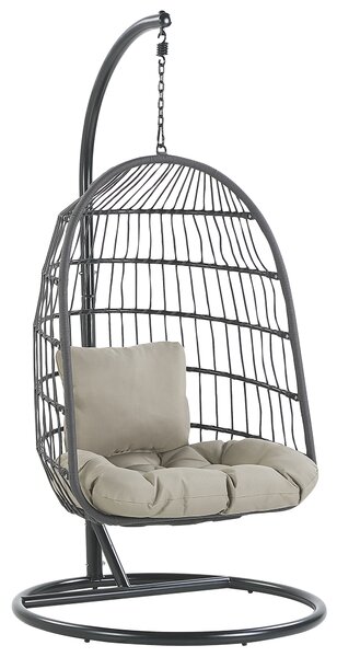 Závesné kreslo s kovovým stojanom čierne s výpletom sedací vankúš boho rustikálna terasa balkón obývacia izba