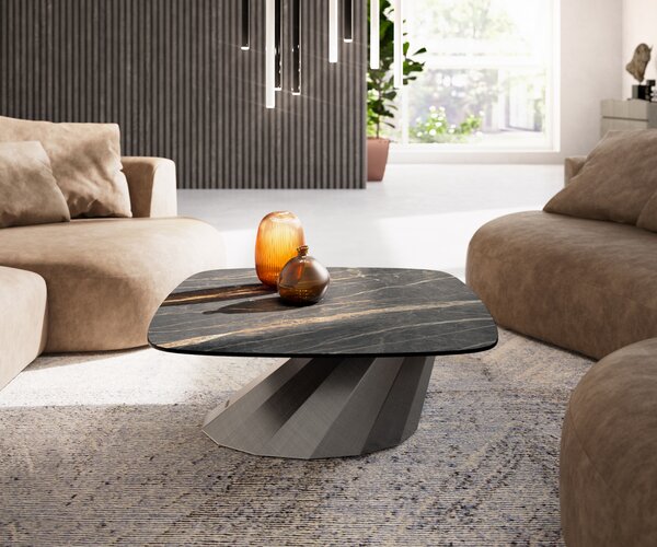DELIFE Konferenčný stolík Edge zaoblený tvar 90x90 cm keramika Laminam® Noir Desir hnedá Parabi metalická strieborná