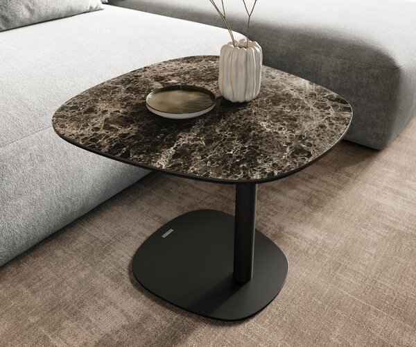 DELIFE Konferenčný stolík Edge zaoblený 60x60 cm keramika Laminam® Emperador Extra Lucidato tmavohnedá Eleny kov čierna