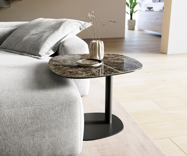 DELIFE Konferenčný stolík Edge zaoblený 60x60 cm keramika Laminam® Emperador Extra Lucidato tmavohnedá Eleny kov čierna