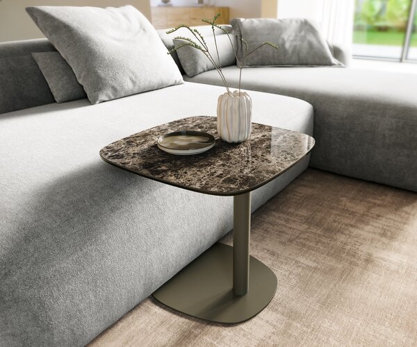 DELIFE Konferenčný stolík Edge zaoblený tvar 50x50 cm keramika Laminam® Emperador Extra Lucidato tmavohnedá Eleny kov titánová farba