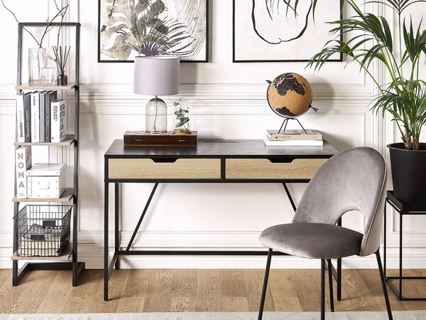 Písací stôl čierna svetlé drevo drevotrieska 120 x 60 cm obdĺžnikový tvar 2 zásuvky moderný industriálny štýl kancelária