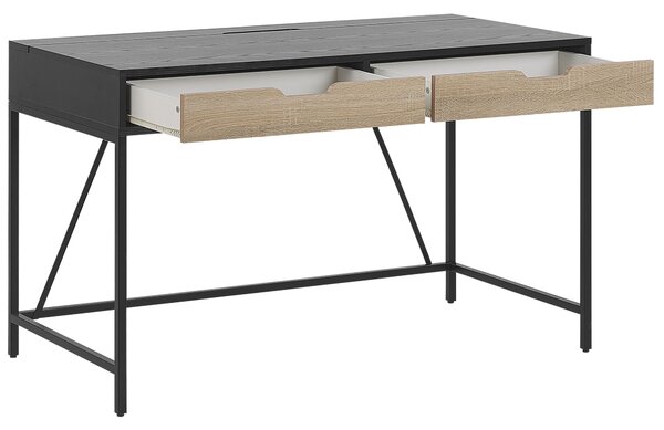 Písací stôl čierna svetlé drevo drevotrieska 120 x 60 cm obdĺžnikový tvar 2 zásuvky moderný industriálny štýl kancelária