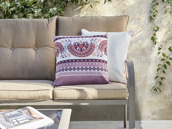 Sada 2 vonkajších dekoratívnych vankúšov fialová polyester 45 x 45 cm so vzorom záhradné doplnky