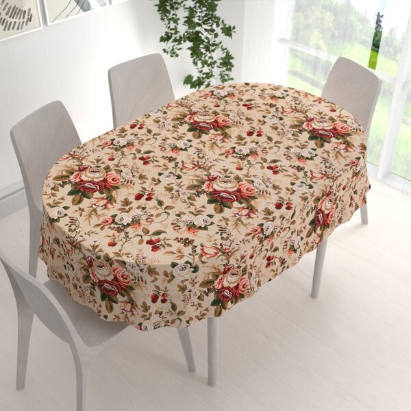 Biante Bavlnený oválny obrus Sandra SA-607 Červené ruže na béžovom 50x100 cm