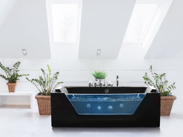 Vírivá vaňa čierna strieborná akrylát sklo 162 x 76 cm s LED osvetlením opierky hlavy pre 2 osoby moderný štýl kúpeľňa