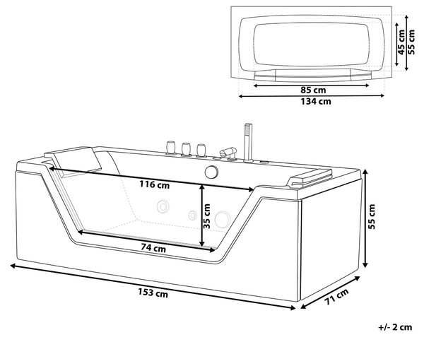 Vírivá vaňa čierna akrylát sklo 153 x 71 cm s LED osvetlením opierky hlavy pre 2 osoby moderný štýl kúpeľňa
