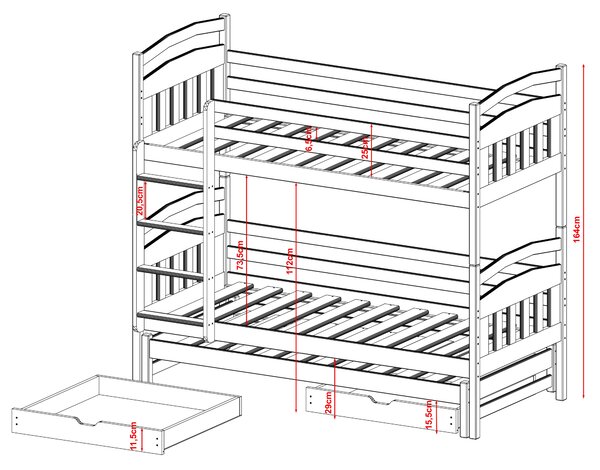 Detská poschodová posteľ z masívu borovice ALDA s prístelkou a šuplíky - 200x90 cm - biela