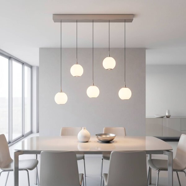 Paul Neuhaus LED závesné svietidlo Sandora, piesková farba, dĺžka 92 cm, sklo, 5-pl., Krémová / jantárovo žltá, Obývacia izba / jedáleň, kov, Moderný, Závesné svietidlo