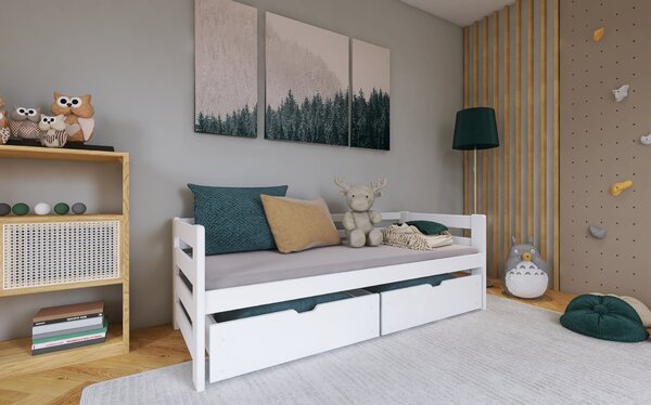 MAXMAX Detská posteľ z masívu borovice so šuplíkmi EGO - 200x90 cm - biela